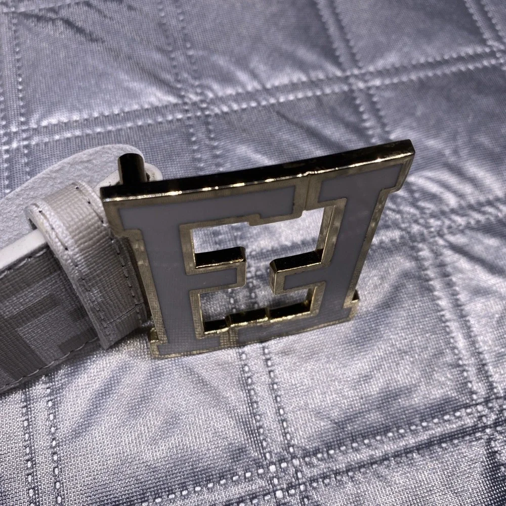 FF Monogram Fashion Belt White Gray Gold Tone F Buckle Size 36/45